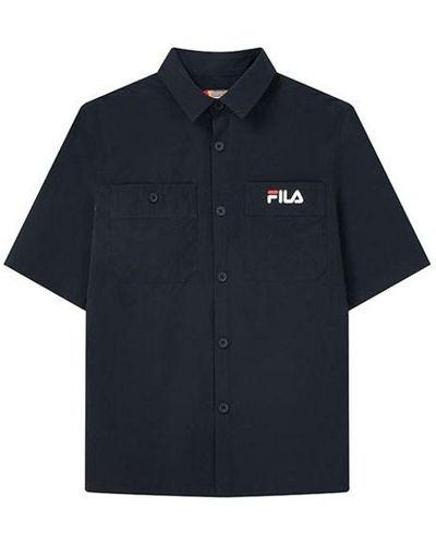 Fila Pocket Printing Logo Loose Casual Short Sleeve Shirt Blue