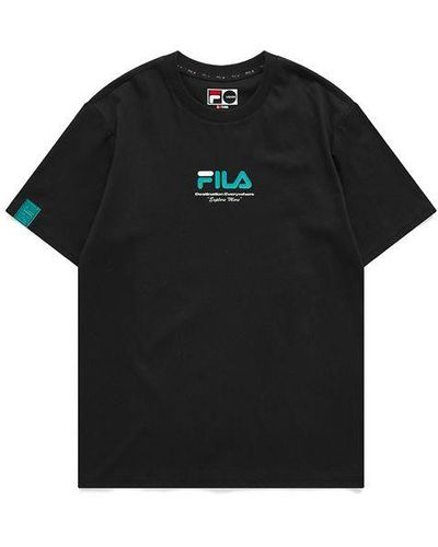 FILA FUSION Casual Sports Round Neck Printing Knit Short Sleeve - Black