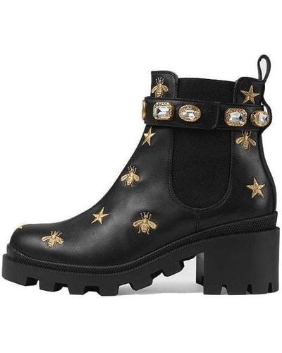 Gucci Stars And Bee Embroidered Leather Ankle Boot With Belt - Black