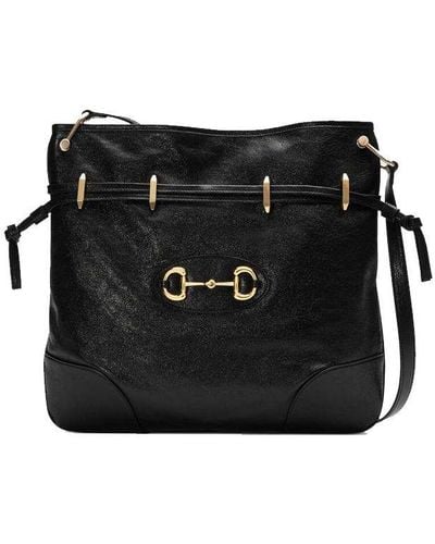 Gucci Horsebit 1955 Retro Gold Buckle Leather Drawstring Shoulder Messenger Bag - Black
