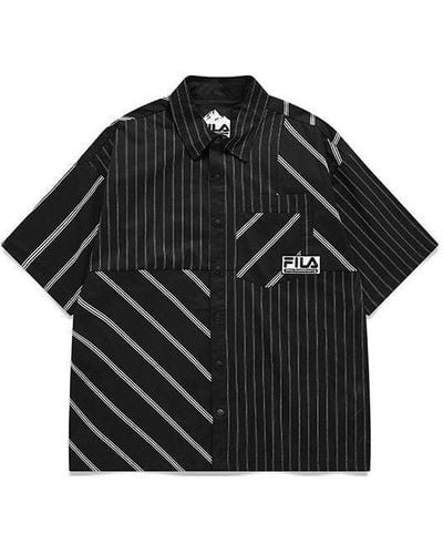 FILA FUSION X White Mountaineering Crossover Stripe Splicing Short Sleeve Sports Shirt - Black