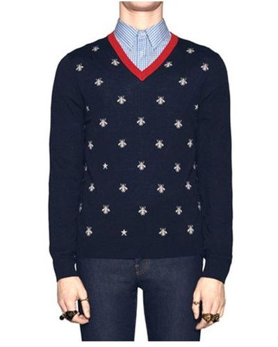 Gucci Bee Print V-neck Sweater Navy - Blue