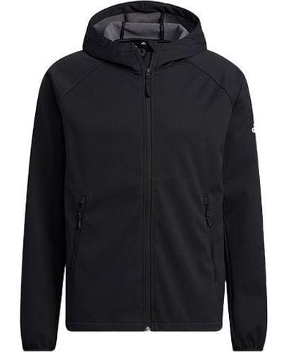 adidas Softshell Jkt Outdoor Sports Solid Color Logo Fleece Lined Hooded Jacket Black - Blue