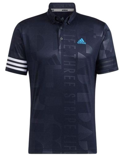 adidas Stripe Printing Logo Short Sleeve Button Polo Shirt Blue