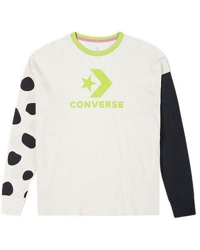 Converse Large Logo Printing Splicing Contrasting Colors Loose Round Neck Long Sleeves T-shirt - White