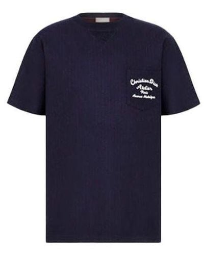 Dior Ss22 Embroidered Plain Weave Knit Short Sleeve Navy T-shirt - Blue
