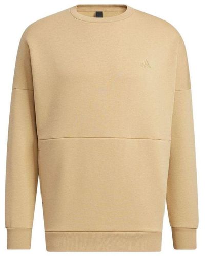 adidas Solid Color Logo Embroidered Casual Round Neck Pullover Khaki - Natural