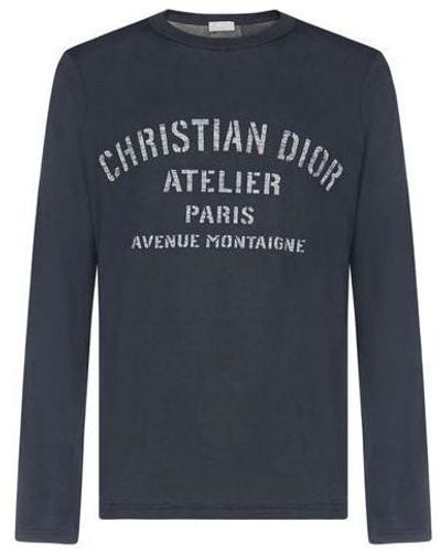 Dior Solid Color Printing Cotton Casual Round Neck Long Sleeves - Blue