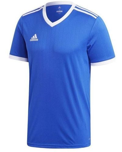 adidas Stripe Quick Dry Micro Mark Sports Training V Neck Short Sleeve Blue T-shirt