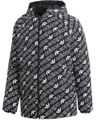 adidas Originals Monogram Jkt Full Print Logo Reversible Stay Warm Hooded Down Jacket Black White - Gray