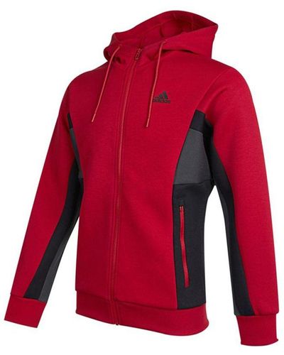 adidas St Kn Spcr Jkt Contrasting Colors Pocket Knit Sports Hooded Logo Jacket - Red