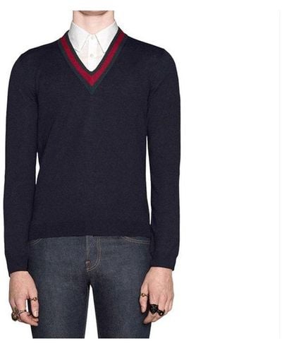 Gucci V-neck Green And Red Striped Knitted Sweater Navy - Blue