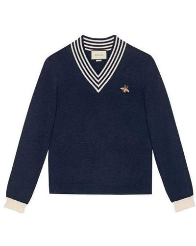 Gucci Bee Pattern V-neck Wool Sweater - Blue