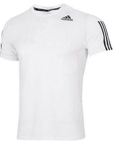 adidas Solid Color Stripe Logo Micro Mark Athleisure Casual Sports Round Neck Short Sleeve White