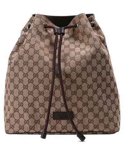 Gucci Logo Drawstring Canvas Bucket Bag Backpack One Size - Brown
