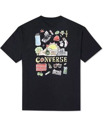 Converse Back Graffiti Cartoon Printing Loose Casual Round Neck Short Sleeve - Black