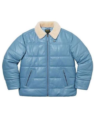 Supreme X Schott Shearling Collar Leather Puffy Jacket - Blue