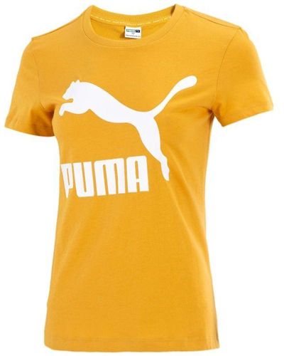 PUMA Classic S Logo Printing Round Necksport Short Sleeve - Yellow
