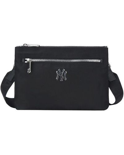 MLB Ny New York Yankees Silver Logo Zipper Shoulder Messenger Bag - Black