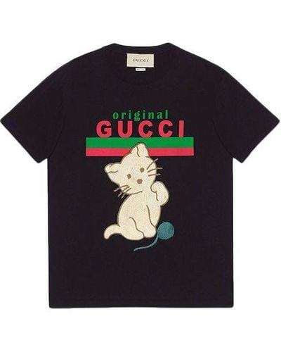 Gucci Cat Alphabet Cartoon Round Neck Pullover Short Sleeve - Black