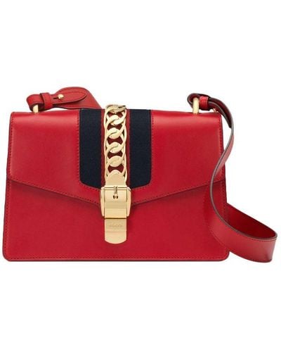 Gucci Sylvie Gold Buckle Stripe Webbing Bow Wide Version Leather Handbag Small - Red