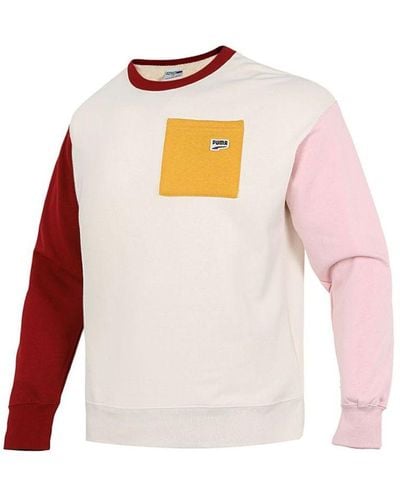 PUMA Pocket Small Label Colorblock Sports Knit Round Neck Pullover White - Pink