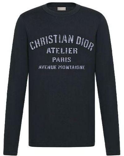 Dior Letter Print Round Neck Long Sleeve Navy - Blue