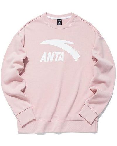 Anta Living Series Large Logo Printing Sports Round Neck Pullover Hoodie Pink