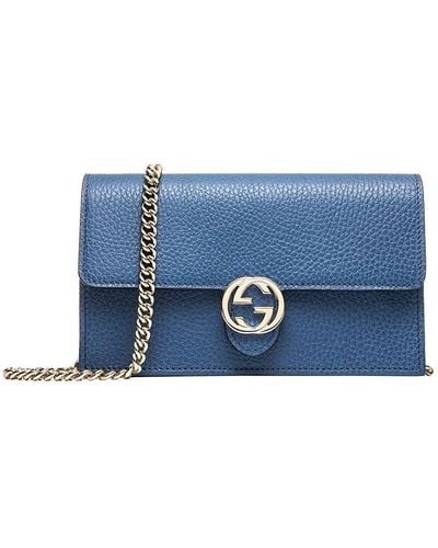 Gucci Logo Double G Leather Woc Chain Shoulder Messenger Bag Classic - Blue