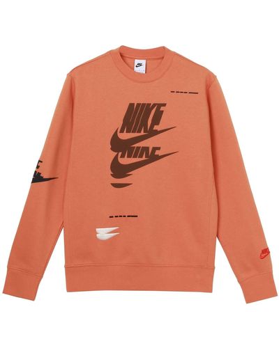 Nike Sportswear Sport Logo Printing Fleece Round Neck Pullover - Orange