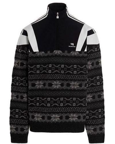 Balenciaga Sporty B Half Zip Track Mix Jacquard Knit Sweater - Black