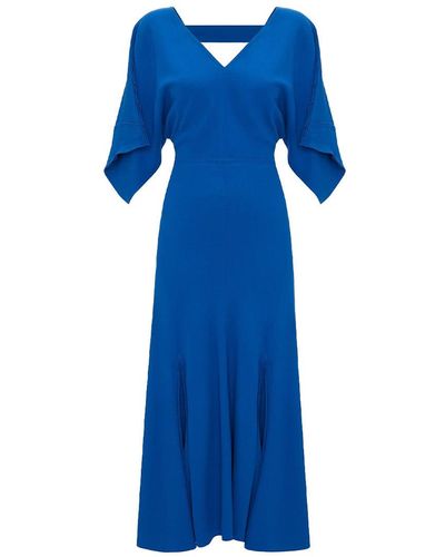 Victoria Beckham V-neck Bias Godet Midi Dress - Blue