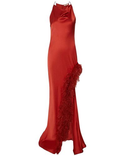 LAPOINTE Satin Gown With Feathers - Red