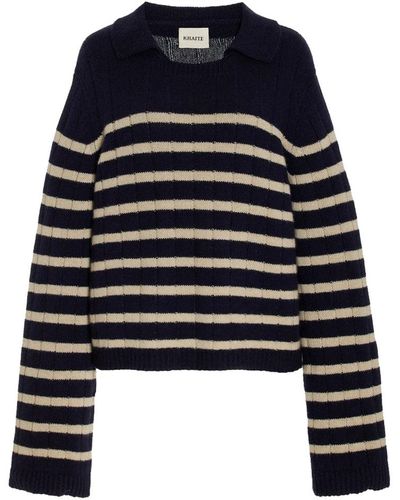 Khaite Mateo Striped Polo Cashmere Sweater - Blue