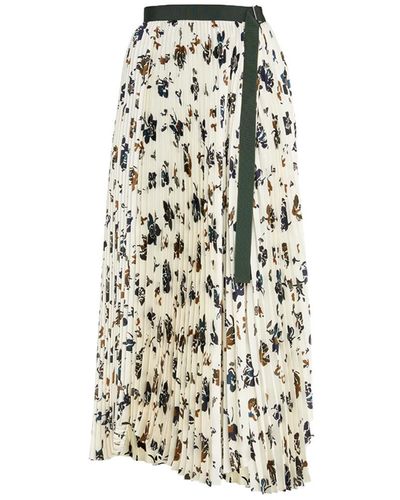 Sacai Floral-print Pleated Maxi Skirt With Buckle - White