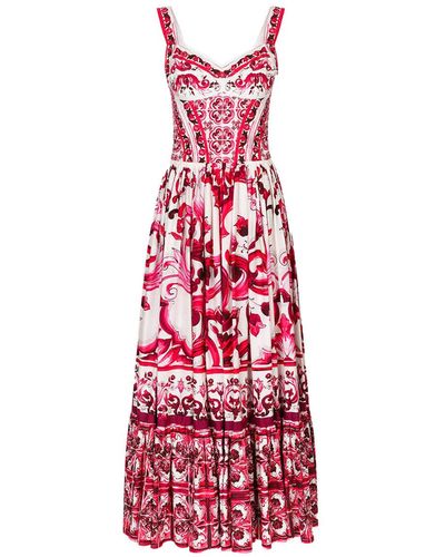 Dolce & Gabbana Calf-length Bustier Dress In Majolica-print Poplin - Red