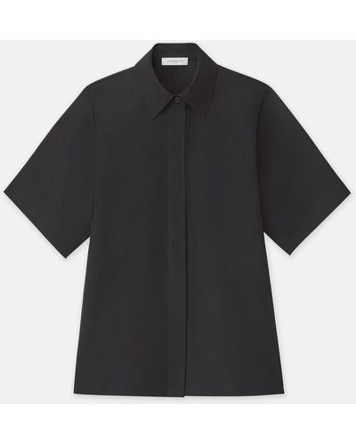 Lafayette 148 New York Organic Cotton Poplin Short Sleeve Shirt - Black