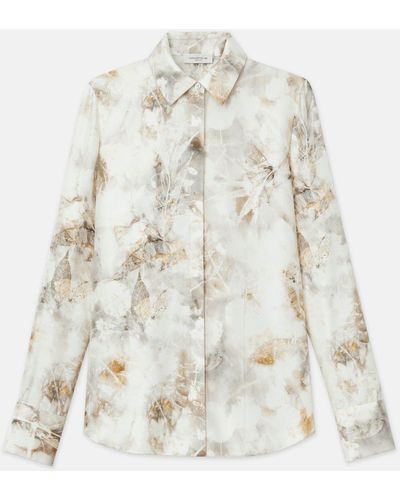 Lafayette 148 New York Eco Leaves Print Silk Twill Buttoned Blouse - White