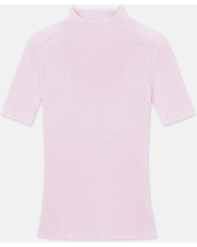 Lafayette 148 New York Finespun Voile Ribbed Short Sleeve Sweater - Pink
