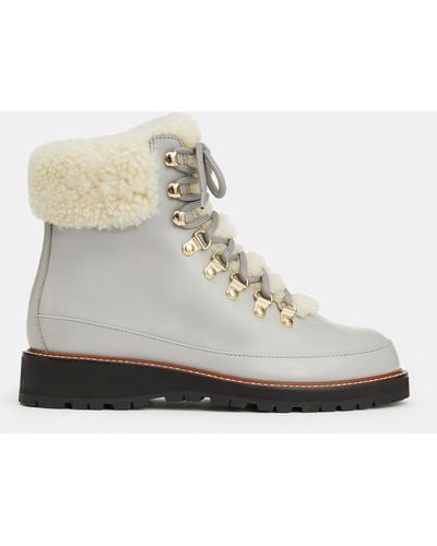 Lafayette 148 New York Brushed Leather & Shearling Lace-up Lug Sole Boot-pale Gray Multi-38-b - White