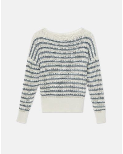 Lafayette 148 New York Stripe Organic Cotton & Denim Yarn Bateau Sweater - White