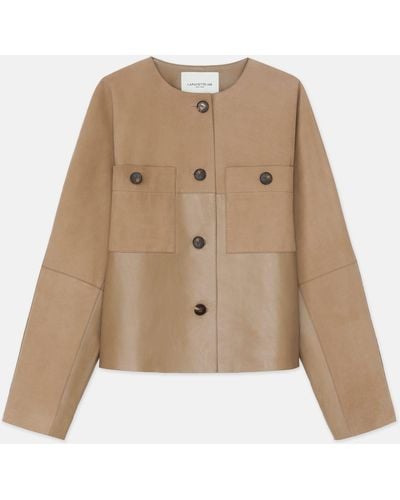 Lafayette 148 New York Nubuck Suede & Leather Collarless Jacket - Natural