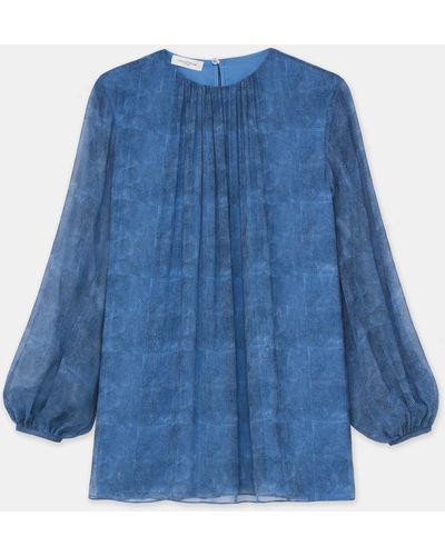 Lafayette 148 New York Petite Screen Print Silk Chiffon Blouse - Blue