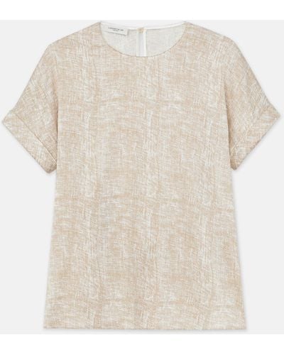 Lafayette 148 New York Burlap Print Crinkle Stretch Silk T-shirt Blouse - White