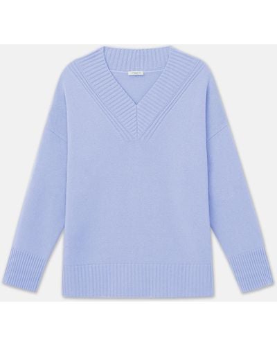 Lafayette 148 New York Petite Cashmere Ribbed V-neck Sweater - Blue