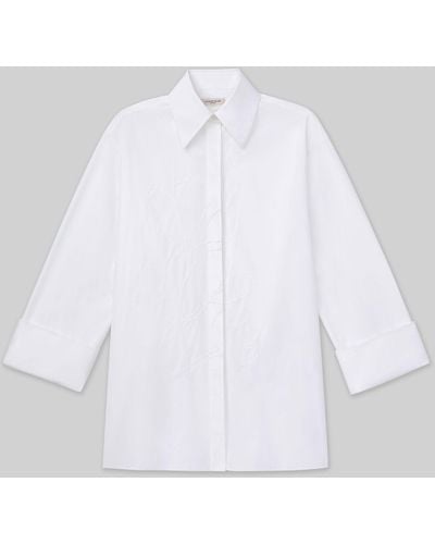 Lafayette 148 New York Embroidered Rose Organic Cotton Poplin Oversized Shirt - White