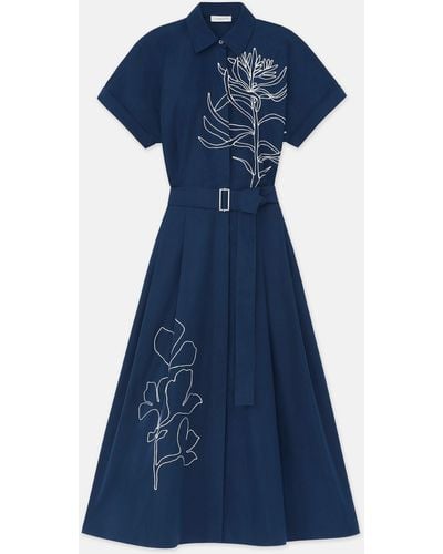 Lafayette 148 New York Embroidered Rose Organic Cotton Poplin Shirtdress - Blue