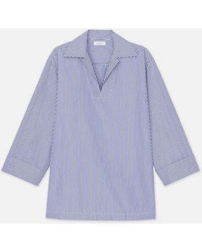 Lafayette 148 New York Stripe Cotton Poplin Popover Shirt - Blue