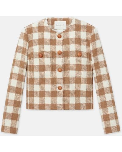 Lafayette 148 New York Gingham Wool Collarless Buttoned Jacket - White