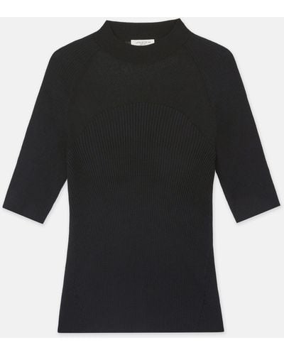 Lafayette 148 New York Petite Merino-silk Ribbed Sheer Yoke Sweater - Black